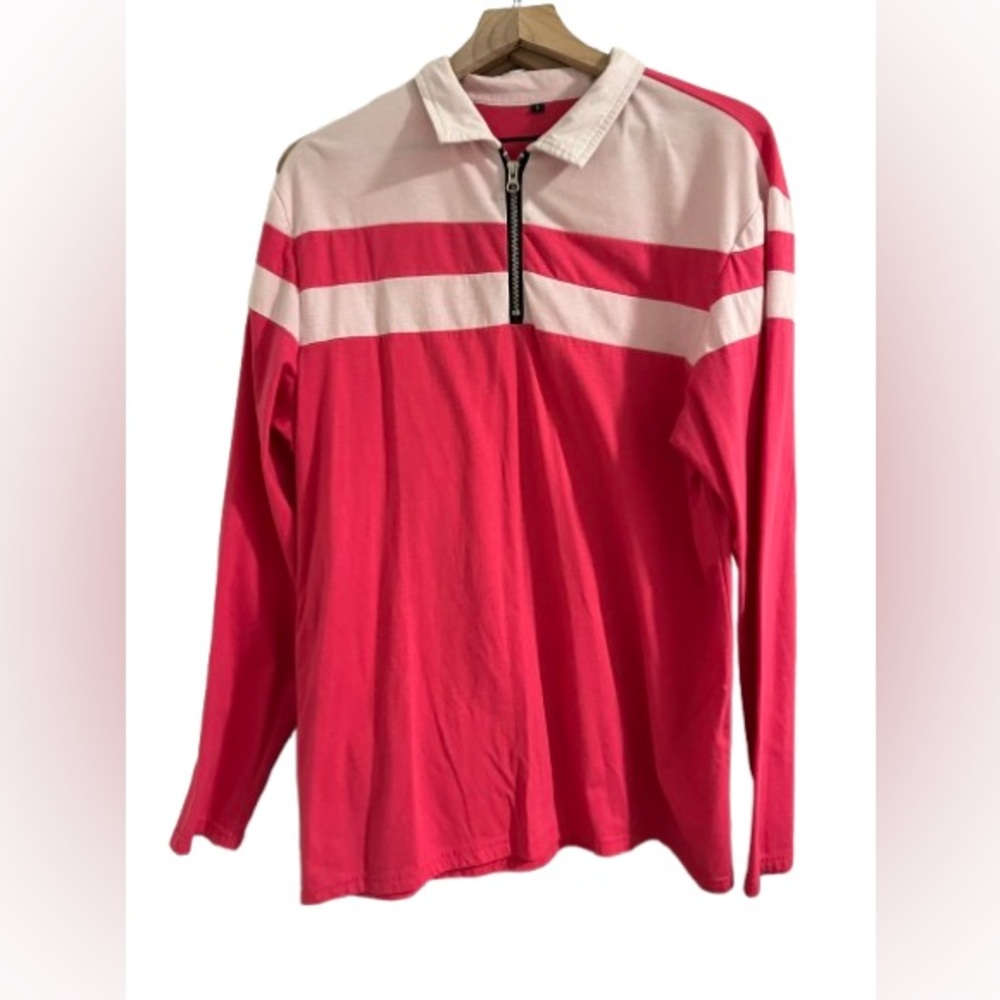 Men's Pink Long Sleeve Shirt with White Accents EUC